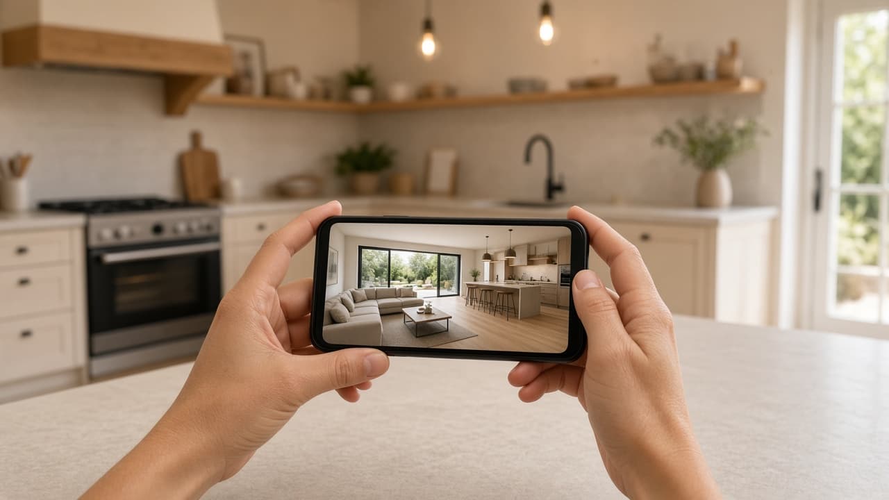 Reviewing a filmed walkthrough on a phone in a kitchen. Editorial photograph, not a VideoMotion export.