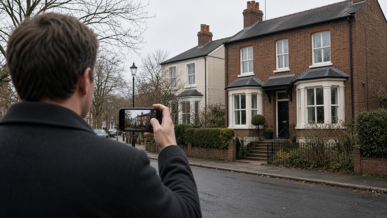 Filming a house exterior on a phone from the street. Editorial photograph, not a VideoMotion export.