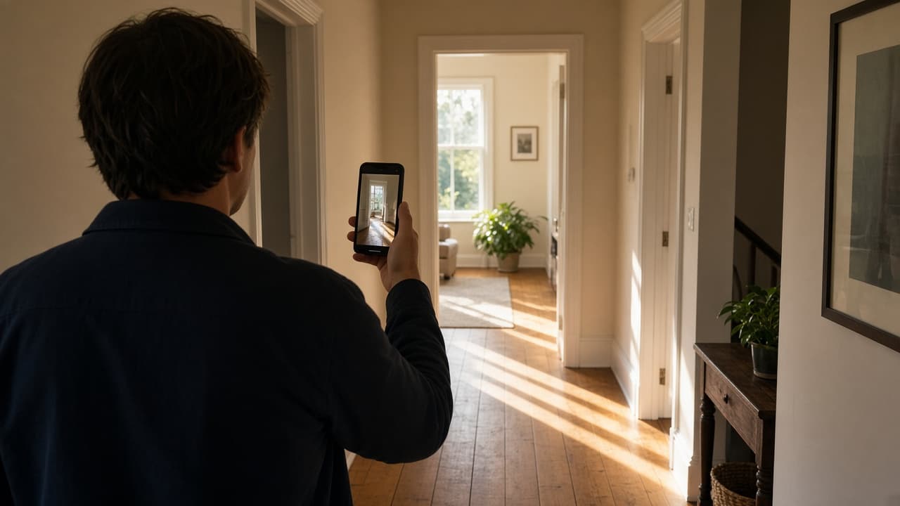 Filming a property walkthrough on a phone in a hallway. Editorial photograph, not a VideoMotion export.