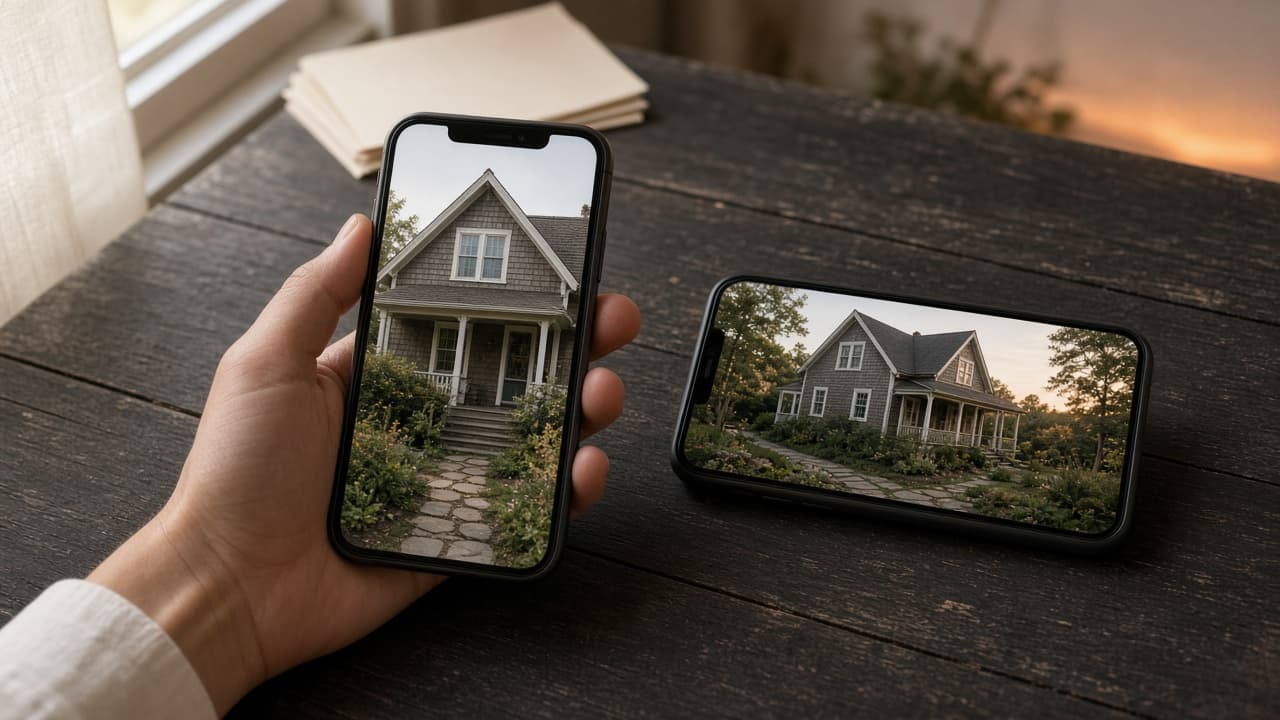 Portrait and landscape phones showing the same house, illustrating two filming orientations. Editorial photograph, not a VideoMotion export.