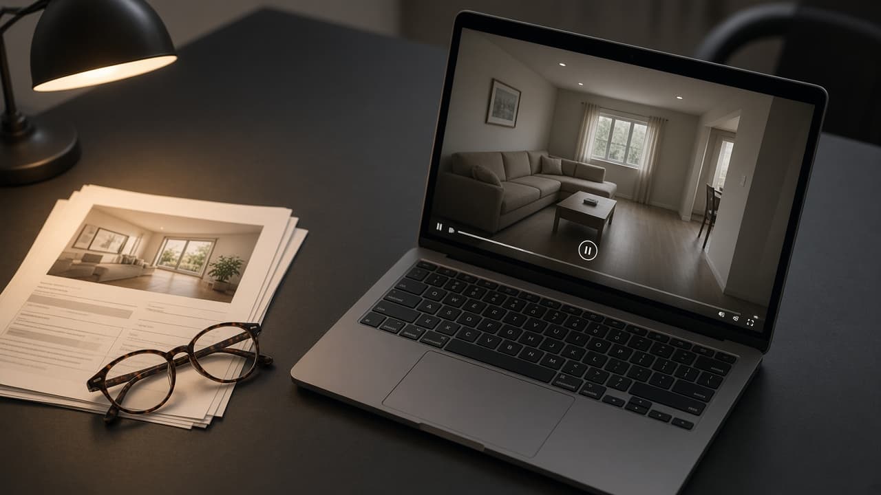 Checking a property walkthrough on a laptop before publishing. Editorial photograph, not a VideoMotion export.
