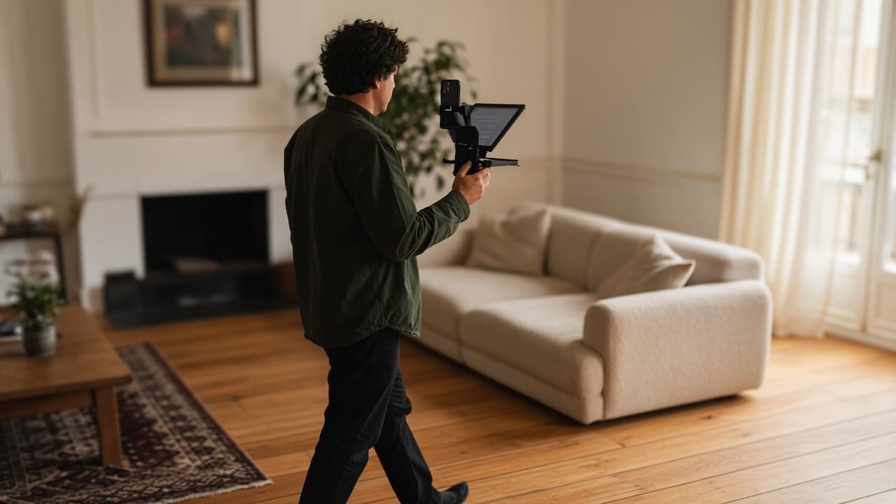 Walking a living room with a phone and a second screen as a teleprompter. Editorial photograph, not a VideoMotion export.