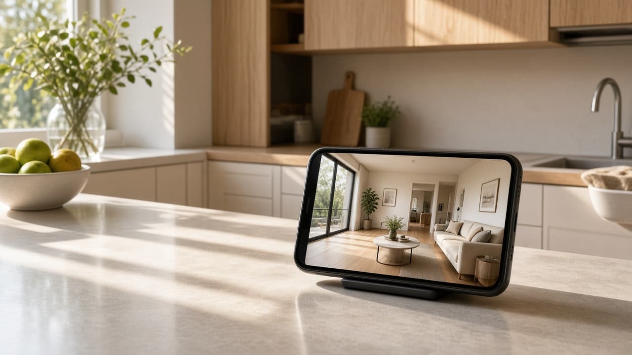 A phone on a kitchen worktop playing a portrait walkthrough, with no desktop editor in sight. Editorial photograph, not a VideoMotion export.