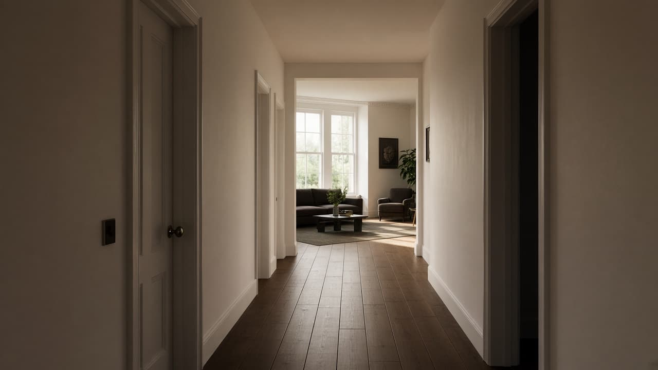 A corridor opening into a living room — the kind of transition a speed ramp would move through. Editorial photograph, not a VideoMotion export.