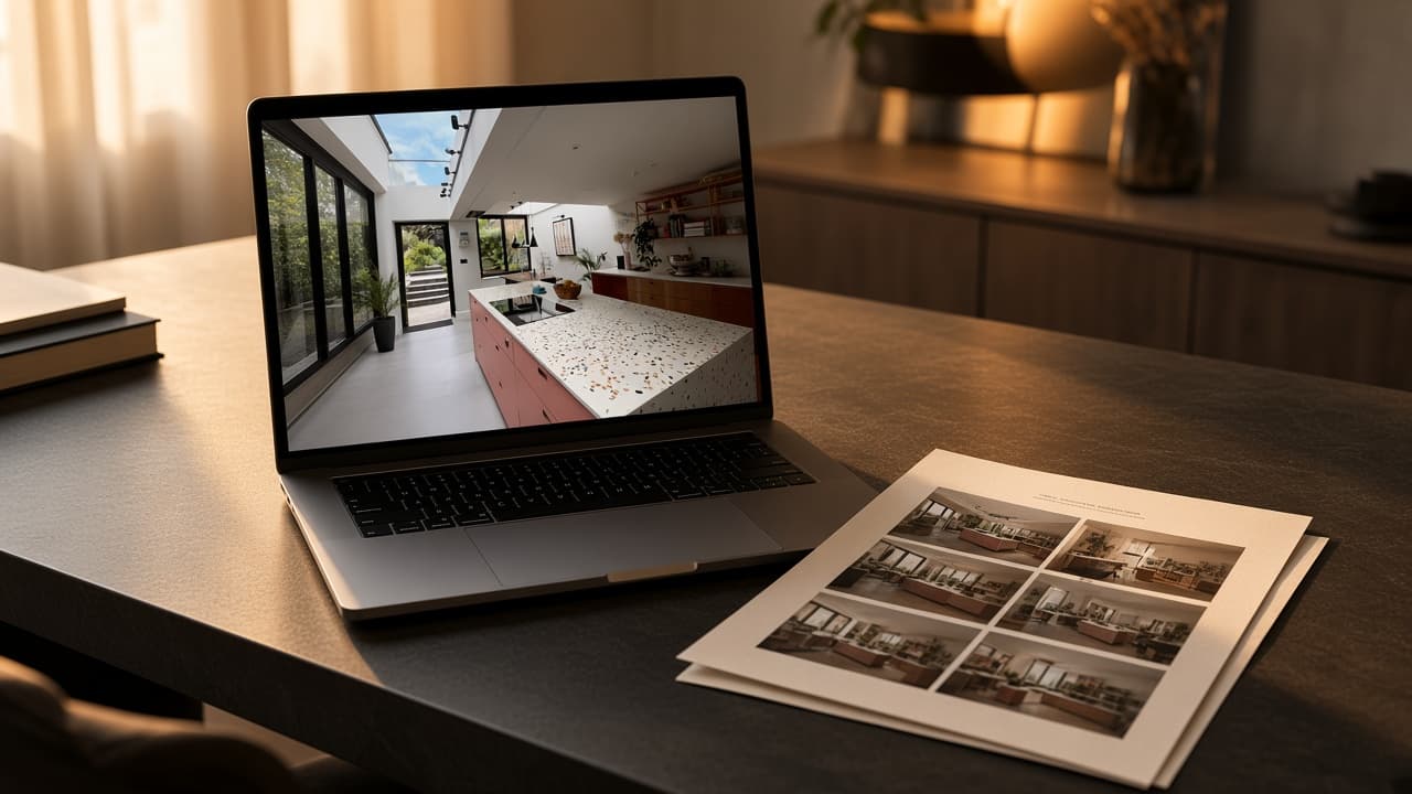 An agent reviewing listing photographs on a laptop and a printed contact sheet. Editorial photograph, not a VideoMotion or ImageMotion export.
