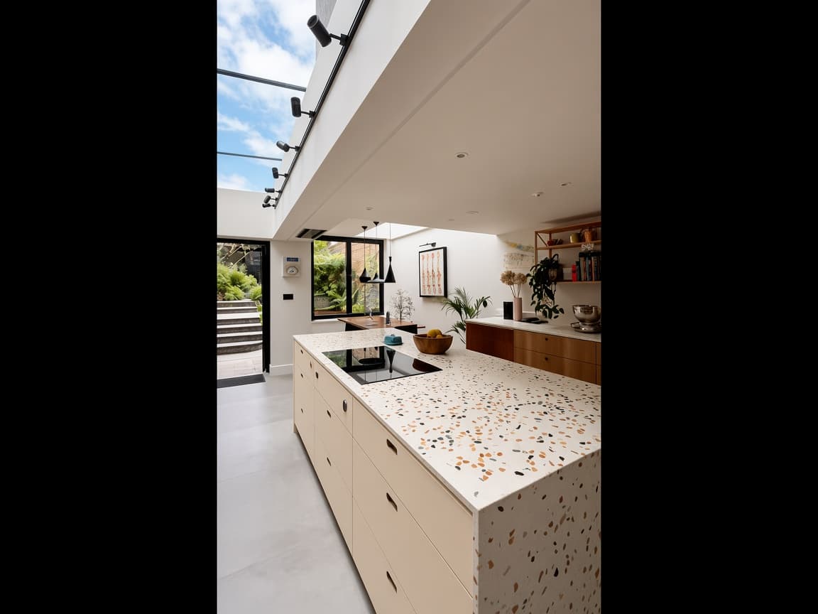 A well-lit kitchen with depth through a doorway — the kind of still that works for photo-to-motion. Editorial listing-style photograph, not an ImageMotion clip.
