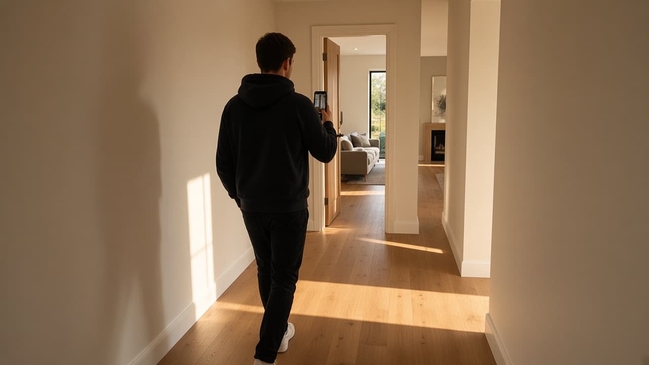 Filming a property walkthrough on a phone in a hallway. Editorial photograph of a real path through a home, not a stills animation.