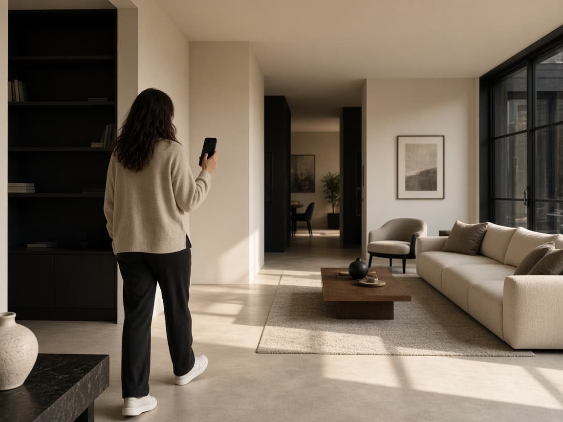 Walking a living room with a phone to record a walkthrough. Editorial photograph of filmed footage, not a generated photo-motion clip.