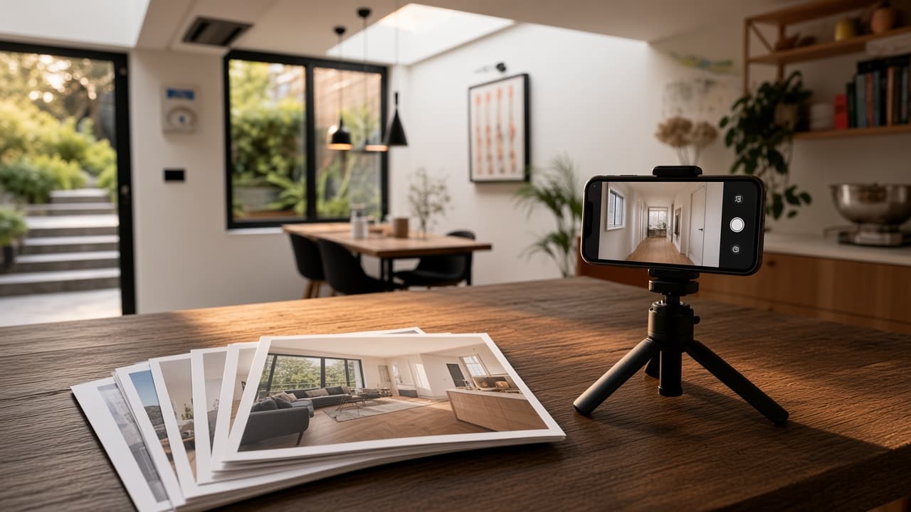 Printed listing photographs on a desk beside a phone filming a walkthrough. Editorial photograph illustrating two starting assets, not a VideoMotion export.