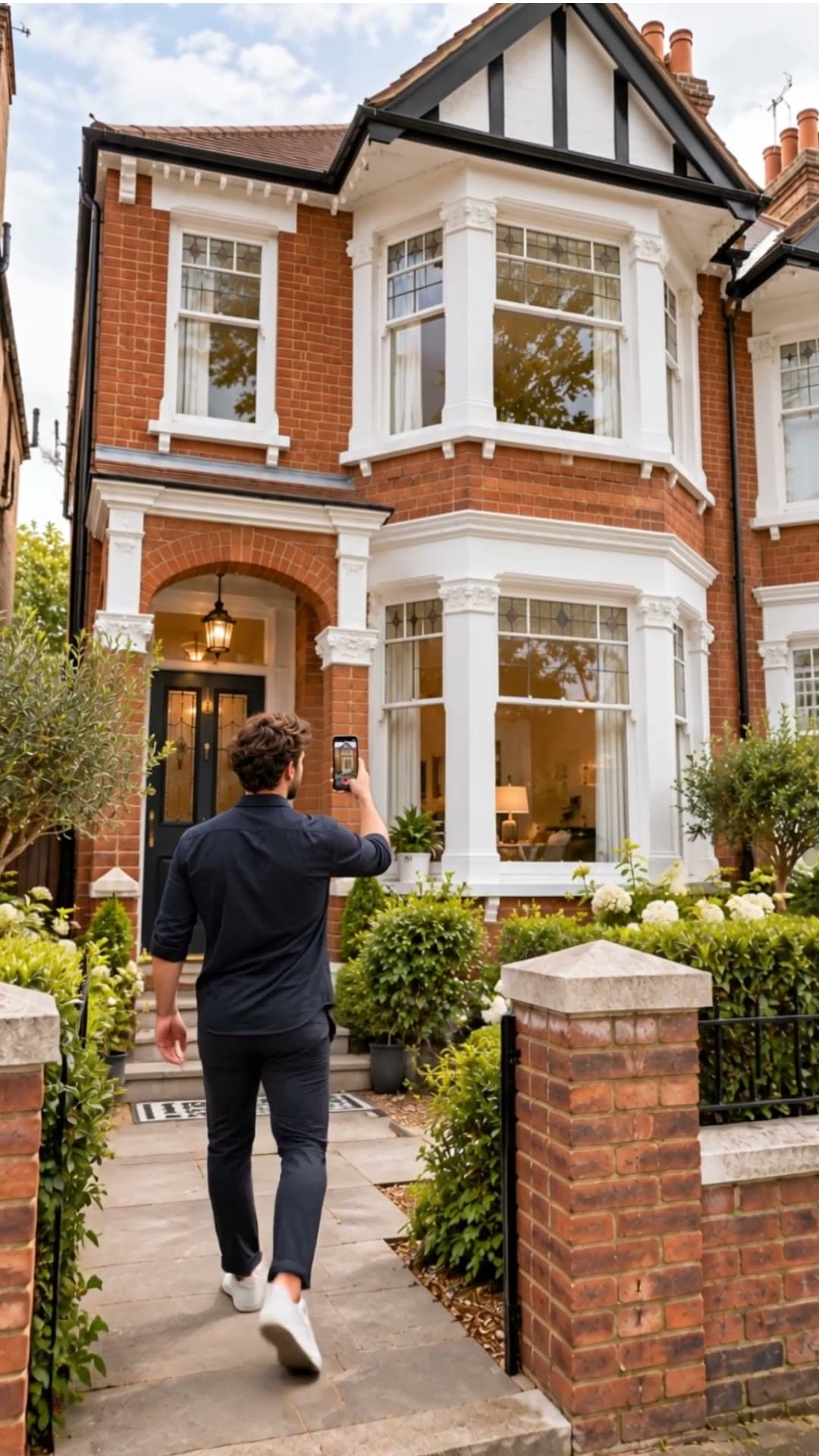 A person filming the front of a brick house on a phone for a VideoMotion walkthrough